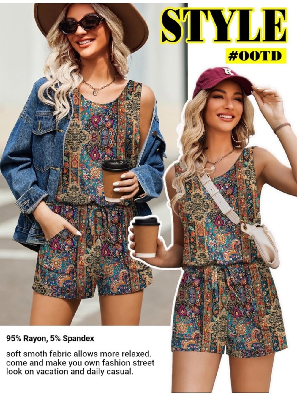 Women's Pattern 7 Summer Sleeveless Scoop Neck Tank Top Casual Short Romper - Picture 6 of 6